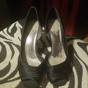 Black satin peep toe heels